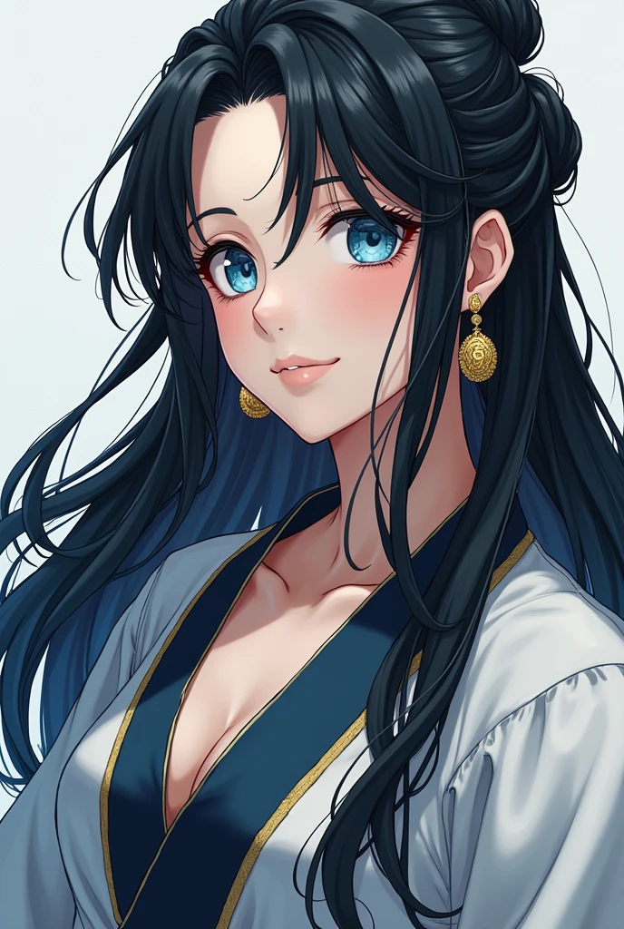 snow-white skin, jet black long hair, sea blue eyes, graceful gold earrings, young woman, extraordinary beauty, slightly reddened cheeks, Antiquity, Kleidungsstil der Antiquity, slightly muscular, anime style
