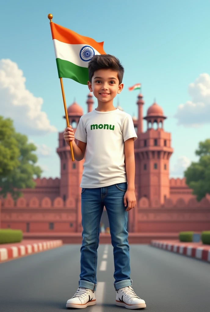 Generate a Realistic  boy, Wearing White T shirt blue jeans sneakers and the name    monu " is written on his t-shirt and the boy is standing on the road with holding a national flag of India, and behind him is the Red Fort Delhi. And written on sky "Independence Day" Create Realistic image high quality