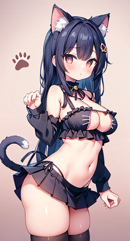 1girl,cat lingerie,{{{cat paws}}},{{{{{thick thighs}}}}},miniskirt,pleated skirt,lifted by tail,cat tail,navel,ass,from side,{slit pupils},twisted torso,cleavage