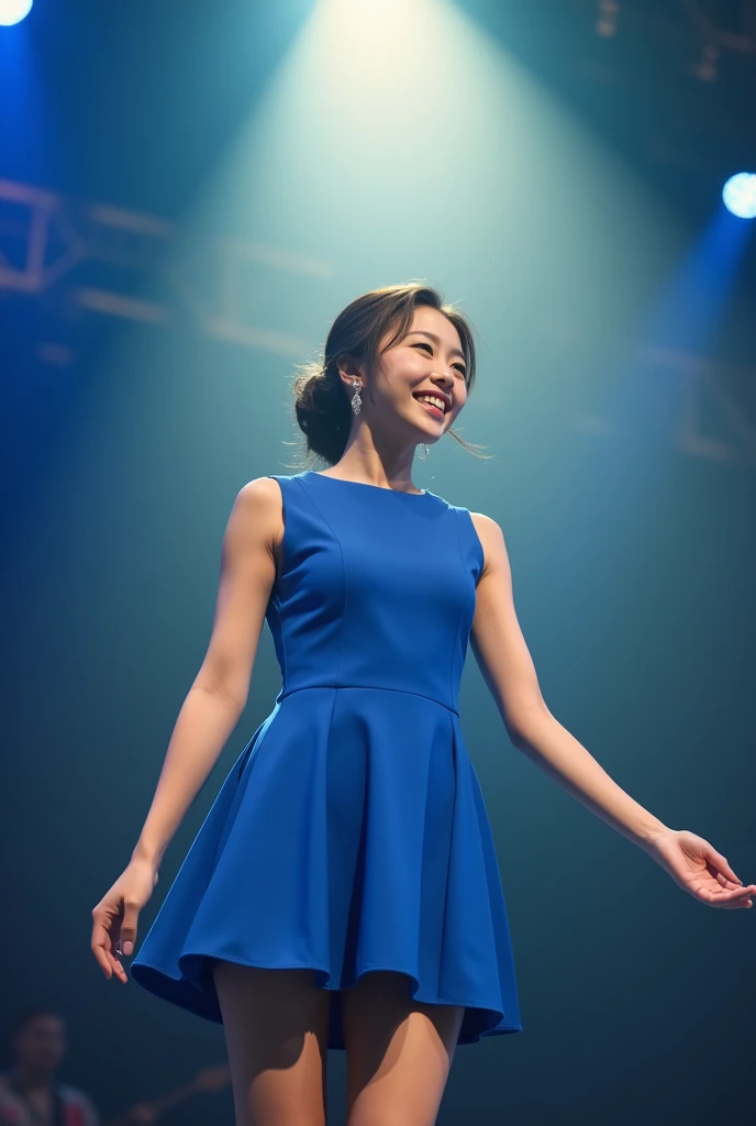 A 19-year-old Japanese woman happily sings under the spotlight on a big stage。She sings with a small chest and a wide mouth。I don't have a microphone。Pale yellow and blue lighting colors、Brightly lighting up her surroundings and smiling face。The outfit is a sleeveless dress with a closed chest.、Knee-length with a slightly flared material。The color is bright blue。Wearing glittery heeled shoes。With one hand outstretched, she sings freely。Her hair is tied up in an updo。Hair color is dark brown。Good posture and lively atmosphere。