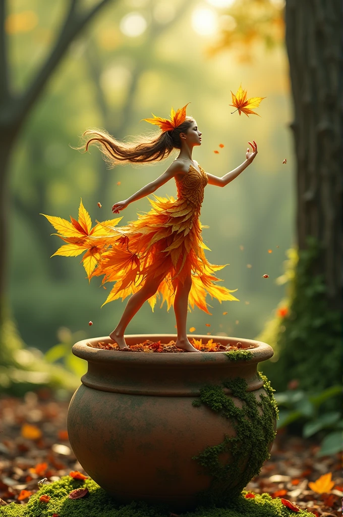 - A whimsical miniature figure composed of delicately arranged autumn leaves, poised in a carefree dance on the rim of a weathered, moss-covered terracotta pot, set against a lush, vibrant forest backdrop, where dappled sunlight filters through the canopy above, casting intricate shadows. The overall aesthetic is ethereal, with warm, earthy tones of sienna, umber, and olive green, infused with hints of emerald and golden light, evoking a sense of wonder and enchantment, as if plucked from a fantastical realm.