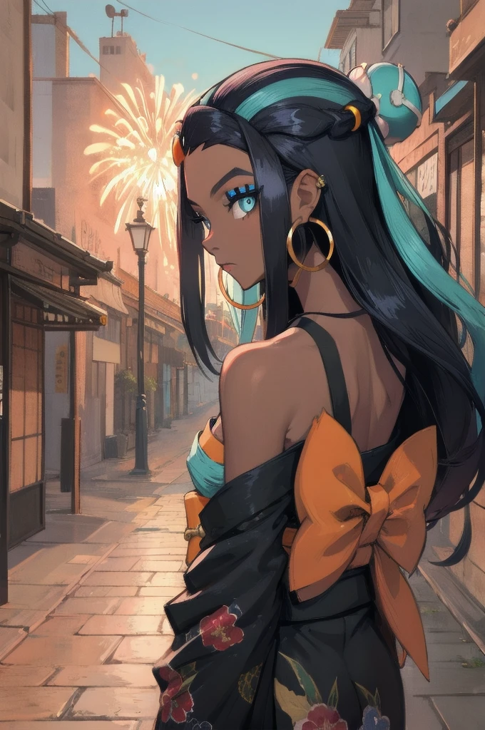masterpiece, best quality, solo, 1girl, nessarnd, dark skin, makeup, single hair bun, kimono, hoop earrings, bare shoulders, fireworks