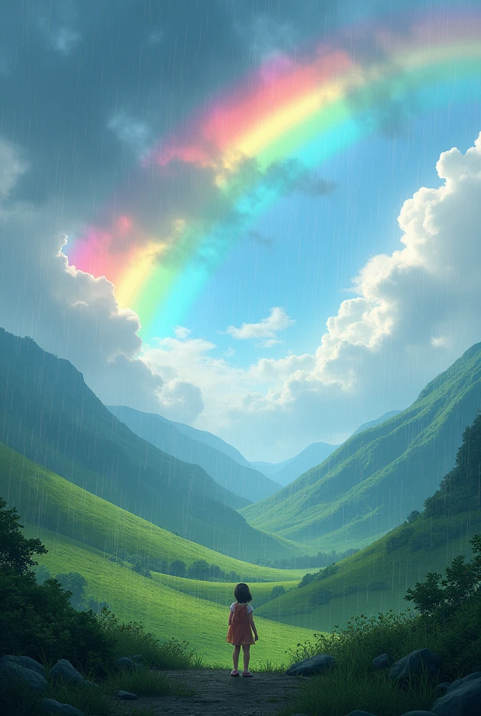 Rainbow, cloud, hill, raining 