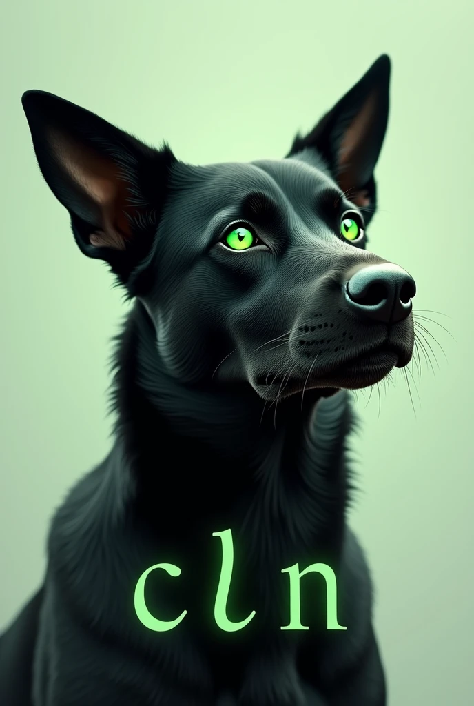 Realistic logo of a black dog with green eyes formed with the letters cln