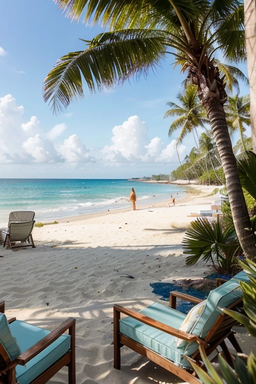 Realistic UHD photo. A quiet beach with comfortable lounge chairs facing the sea, where a beautiful young woman is relaxing with a fresh cup of coffee. The morning sunlight casts a golden glow on the area, creating a warm and inviting atmosphere. She gently holds a cup of coffee as steam gently rises, mixed with the sea breeze. The beach is pristine, with soft white sand and gentle waves crashing against the shore. Palm trees sway in the background, adding to the tropical atmosphere. The text in a relaxing and airy font says 'KW Coffee shop'.