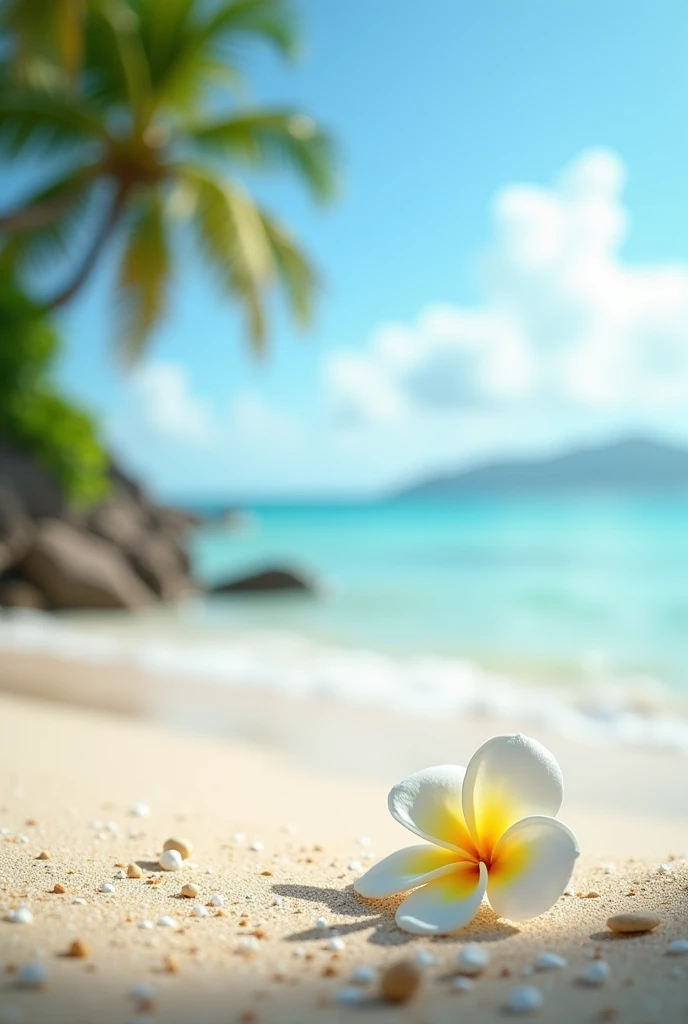The image is a photograph of a beautiful beach scene. The sky is blue with white clouds and the water is a light blue-green color. The beach is sandy and there are palm trees on the left side of the image. In the foreground, there is a single white frangipani flower with a yellow center lying on the sand. The flower is in the center of the photograph and is slightly tilted to the right. The water is calm and the waves are gently lapping against the shore. There are a few small rocks scattered around the beach. The overall mood of the photo is peaceful and serene.