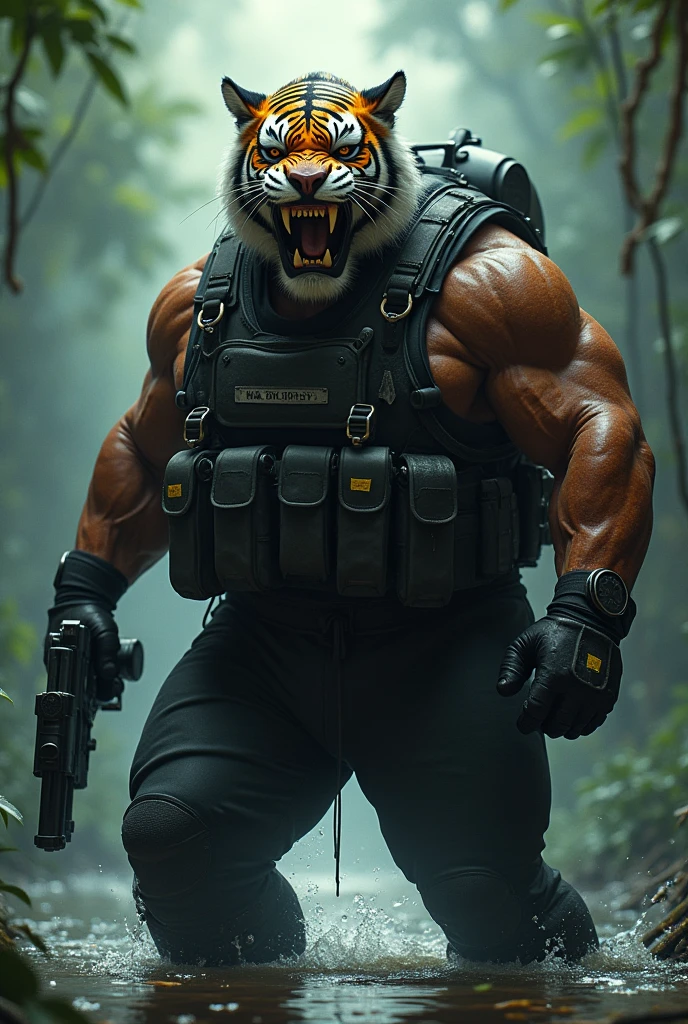 (a dark-skinned fat muscular old man in skintight scuba diver suit) carrying a gun in right hand, (wearing realistic roaring tiger mask), dynamic action pose, fierce expression, showcasing an imposing stature, surrounded by military elements, dramatic shadows and intense highlights, cinematic color tones, high detail, powerful, art influenced by Bruce Onobrakpeya and Stanley Artgerm, ultra-detailed, best quality image, action-packed atmosphere. fighting stance. patrolling in a swamp