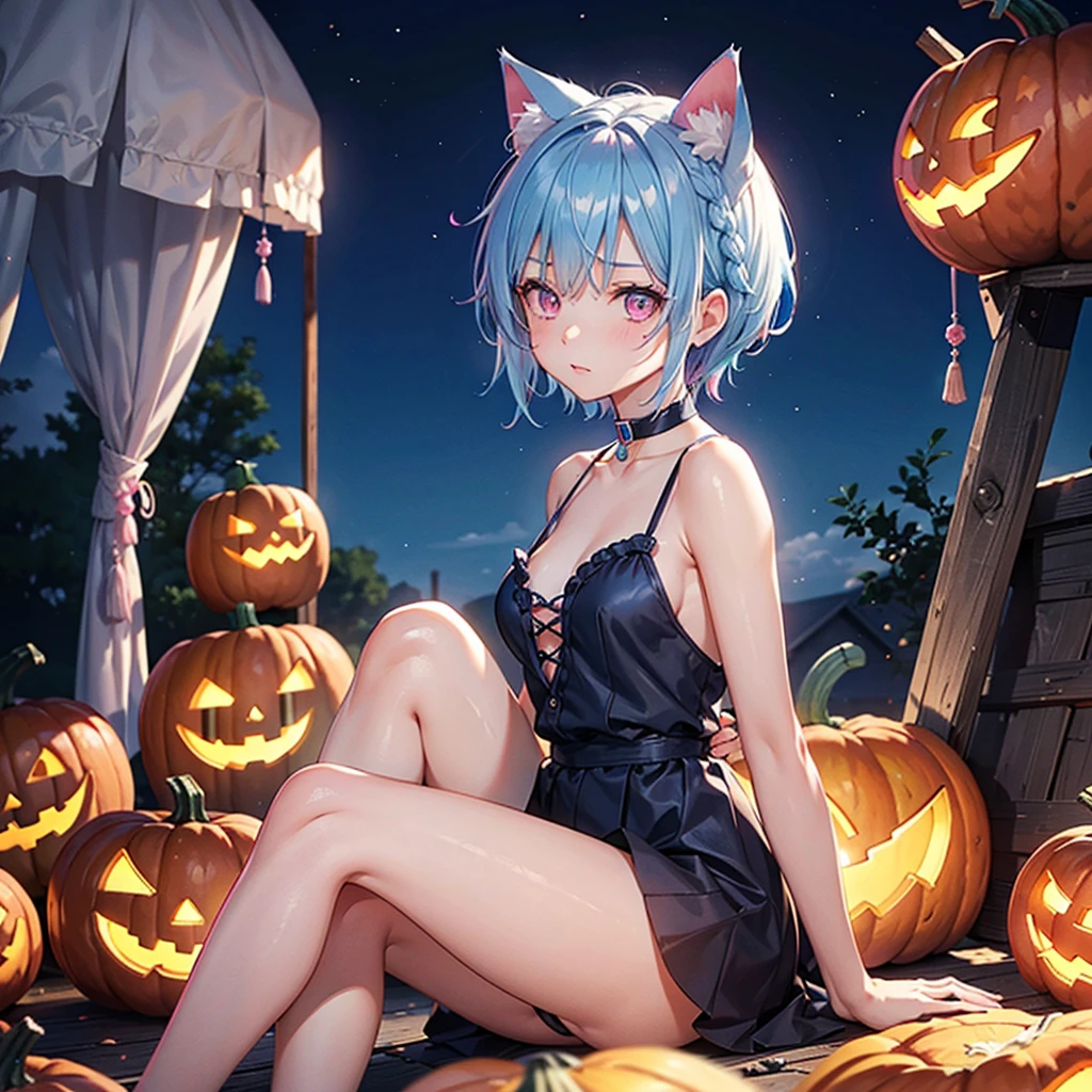 (Sky blue hair),(Braided short hair), (Pink Eyes),Fair skin) ,(whole body),(One Girl),(There are lots of pumpkin ghosts in the background),Cat ear,Cat&#39;s Tail,(Sailor suit),(Bruises and ugly faces),(Fall into Darkness),If you don't give me sweets, I'll play a prank on you.),(Halloween Night Party),(masterpiece, Highest quality, Very detailed, Best Shadow), (Detailed Background), (Beautifully detailed face), High Contrast, (Best lighting, Very delicate and beautiful), ((Cinematic Light)), Hyper Detail,8k, Dramatic Light, Intricate details,night,(Bats flying in the background),High quality