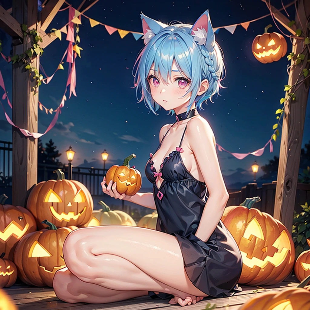 (Sky blue hair),(Braided short hair), (Pink Eyes),Fair skin) ,(whole body),(One Girl),(There are lots of pumpkin ghosts in the background),Cat ear,Cat's Tail,(Sailor suit),(Bruises and ugly faces),(Fall into Darkness),If you don't give me sweets, I'll play a prank on you.),(Halloween Night ),(masterpiece, Highest quality, Very detailed, Best Shadow), (Detailed Background), (Beautifully detailed face), High Contrast, (Best lighting, Very delicate and beautiful), ((Cinematic Light)), Hyper Detail,8k, Dramatic Light, Intricate details,night,(Bats flying in the background),High quality
