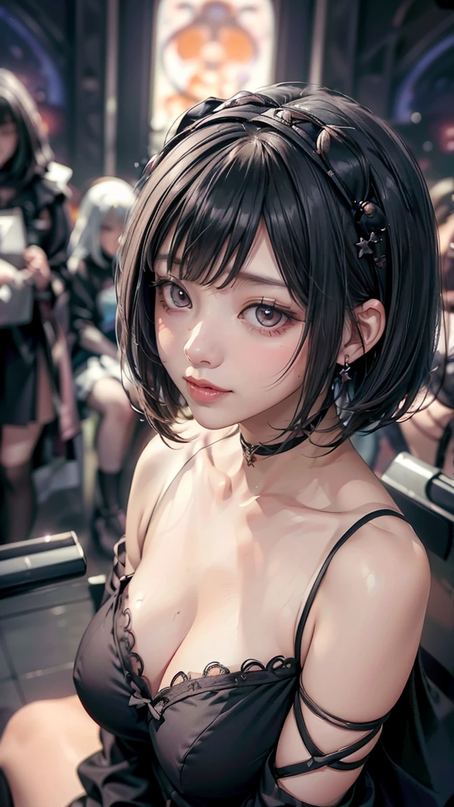 Surreal、A masterpiece of delicate and detailed line drawing、Highest quality、Highest quality、(One Woman、、(Big Breasts:1.1)、(Black Hair、Hime cut, short hair:1.2)、(Natural Makeup、Eyelash extensions、Draw eyelashes sharply、Eyebrows are thin and short、Deep orange blush:1.1)、(Gazing at the audience, Spaced out、Looks sleepy、Mouth open、Slightly red cheeks:1.3)、(Simple black hair accessories、Gothic dress with exposed chest:1.3))、Dark Rose Gardens、Purple Rose、(Blur the background:1.3)、(Top view of the subject:1.1)、Photo from thigh up、Erotic、sexy、On the bed、night
