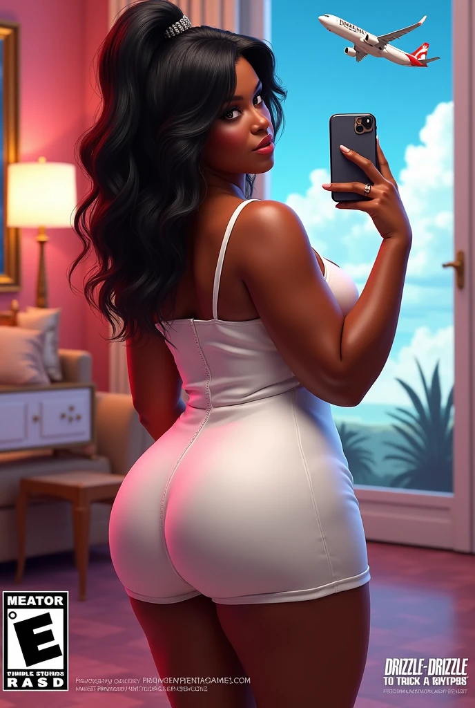 A XBOX Series X video game disc cover, in the style of Farm Simulator, the front depicts an urban African American woman in a skin tight short white dress, curvaceous, big wide hips and backside, posing taking a selfie, ((The heading is "BBL Simulator: To Trick the Simps")), masterpiece, 4k, photorealistic, Farm Simulator font, a half and half background of a Las Vegas Hotel room and an airplane flying to Brazil in South America in the background, 18+ logo on bottom of cover, Drizzle Drizzle Game Studios, logo on cover, PassPortBros logo on cover,
