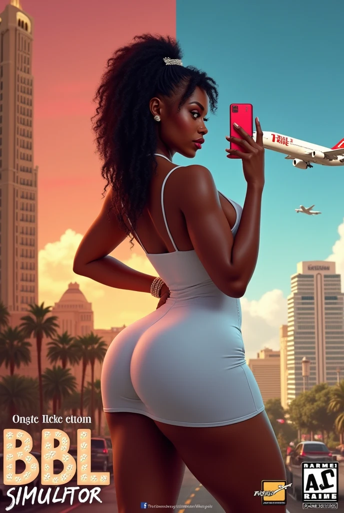 A PS5 video game disc cover, in the style of Farm Simulator, the front depicts an urban African American woman in a skin tight short white dress, curvaceous, large big wide hips and backside, posing taking a selfie, ((The game title, "BBL Simulator: To Trick A Simp$")), masterpiece, 4k, photorealistic, Farm Simulator font, a half and half background of a Las Vegas Hotel room and an airplane flying to Brazil in South America in the background, AO 18+ logo on bottom of cover, Drizzle-Drizzle Game Studios, logo on the bottom of cover, Pass-Port-Bros logo on cover.