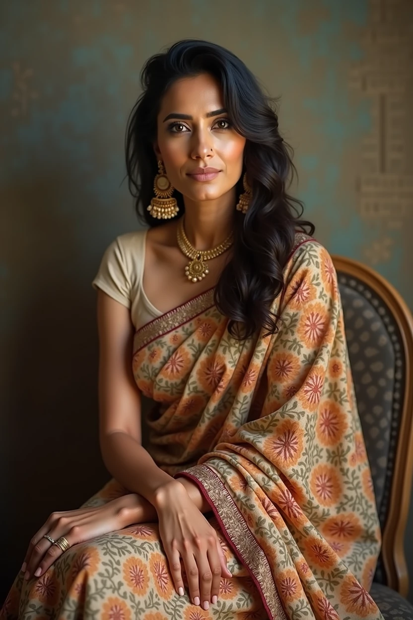 An indian actress full body picture sitting 