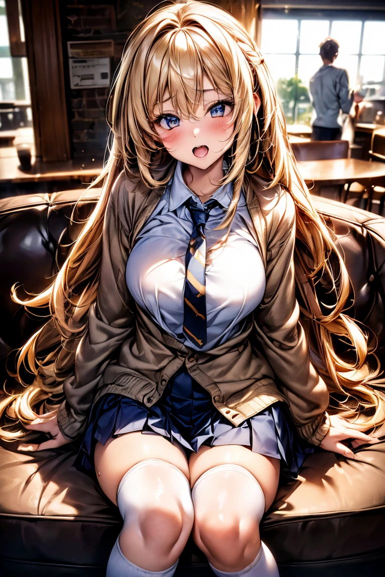 Browsing Caution,​(最high quality, 8k, masterpiece:1.3,beautiful girl),(((Woman 1))) (Very detailed)Glowing Skin,(((Long Hair,blonde,Beautiful Hair))),(Perfect Anatomy, Anatomically correct, Very detailed肌),((Golden Eyes)),(((Perfect Fingers,))),((Light blue collared shirt, Navy pleated mini skirt, socks, Navy tie, Light brown cardigan, White knee socks)),Pink Panties,  Knee-high socks,Knee-high socks on both feet,double,double teeth, Drinking coffee、Close to the audience、Face-to-face with your audience、Please sit down、Wink)）high quality、Visual Arts、With background((coffee shop、Counter seats、coffee maker))、table(menu、Coffee cup Coffee cup、Sugar Bottle、milk,cake),tableトップ、