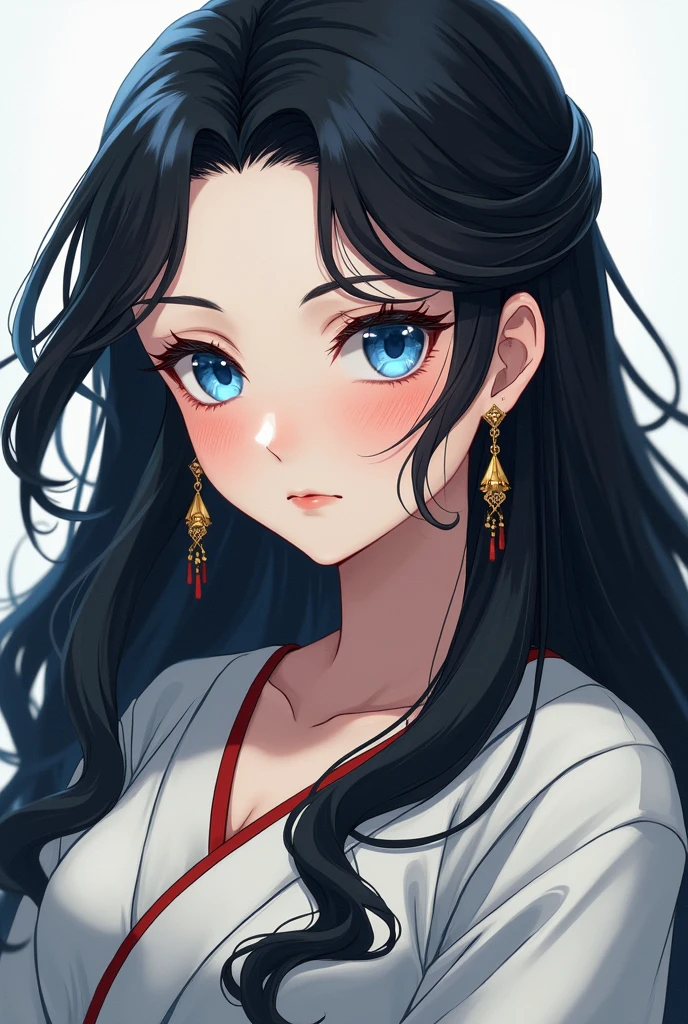 snow-white skin, jet black long hair, sea blue eyes, graceful gold earrings, young woman, extraordinary beauty, slightly reddened cheeks, Antiquity, Kleidungsstil der Antiquity, slightly muscular, anime style