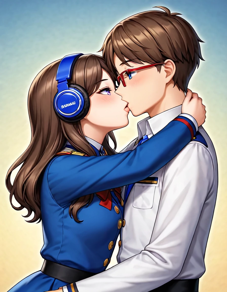 (masterpiece, best quality, very aesthetic, ultra detailed), 1 girl,intricate details,short brown / brunette haired, blue eyes, red frame glasses, kif uni blue uniform, 1guy, shaggy brownish hair, purple eyes, headphones around neck, soft features, Blue university uniform, kissing girl 
