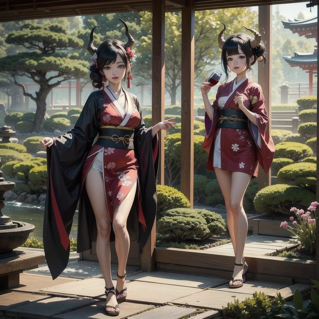 There are ghost horns on the head,Petite stature,,Small Breasts,Japanese kimono showing breasts and legs,breast stickers,In Japanese garden,drink wine,sex,beauty