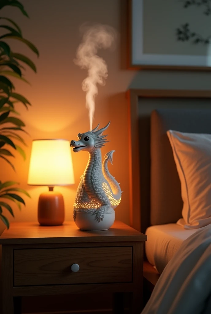 Dragon-shaped humidifier, bedroom nightstand next to bedside lamp with light shining through, photorealistic, UHD, 8k