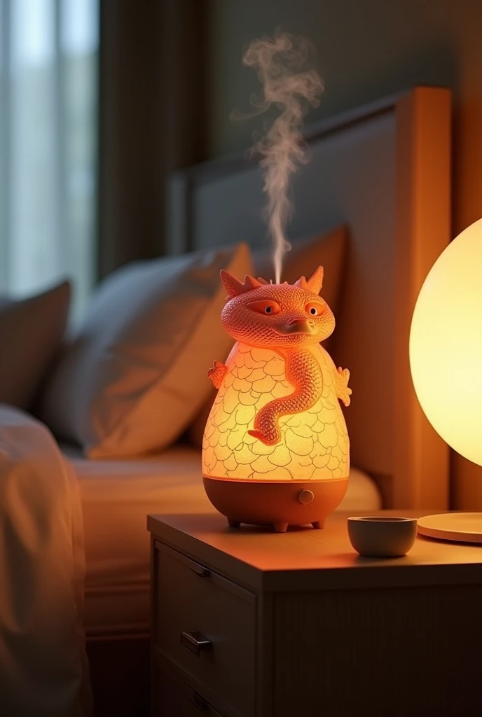 Dragon-shaped humidifier, bedroom nightstand next to bedside lamp with light shining through, photorealistic, UHD, 8k