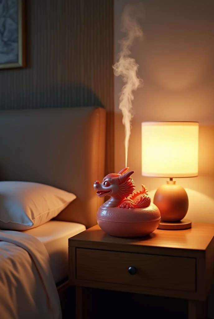 Dragon-shaped humidifier, bedroom nightstand next to bedside lamp with light shining through, photorealistic, UHD, 8k