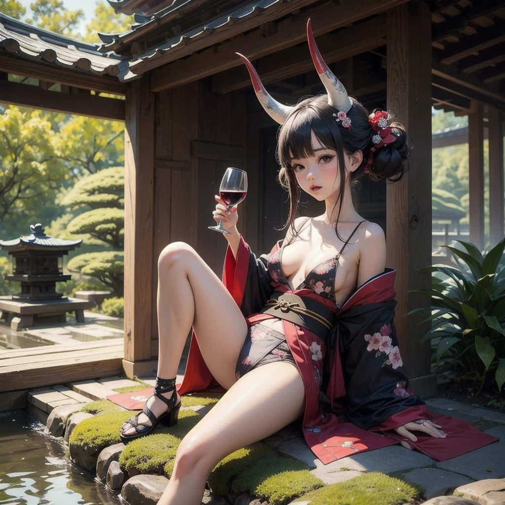 There are ghost horns on the head，Petite stature，loli，Small Breasts，Japanese kimono showing breasts and legs，breast stickers，In Japanese garden，drink wine，sex，beauty