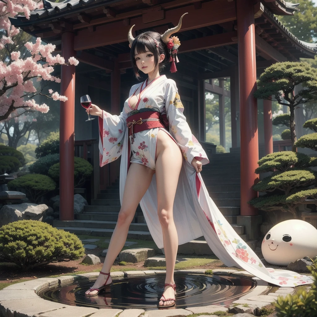 There are ghost horns on the head，Petite stature，loli，Small Breasts，Japanese kimono showing breasts and legs，breast stickers，In Japanese garden，drink wine，sex，beauty