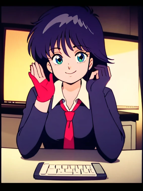 masterpiece, Highest quality, Twitch-chan, Hair Clip, hair ornaments, Collared shirt, No sleeve, tie, gloves, sitting behind a desk, View your viewers, smile, wave hands, bedroom, bed, computer mouse, keyboard 