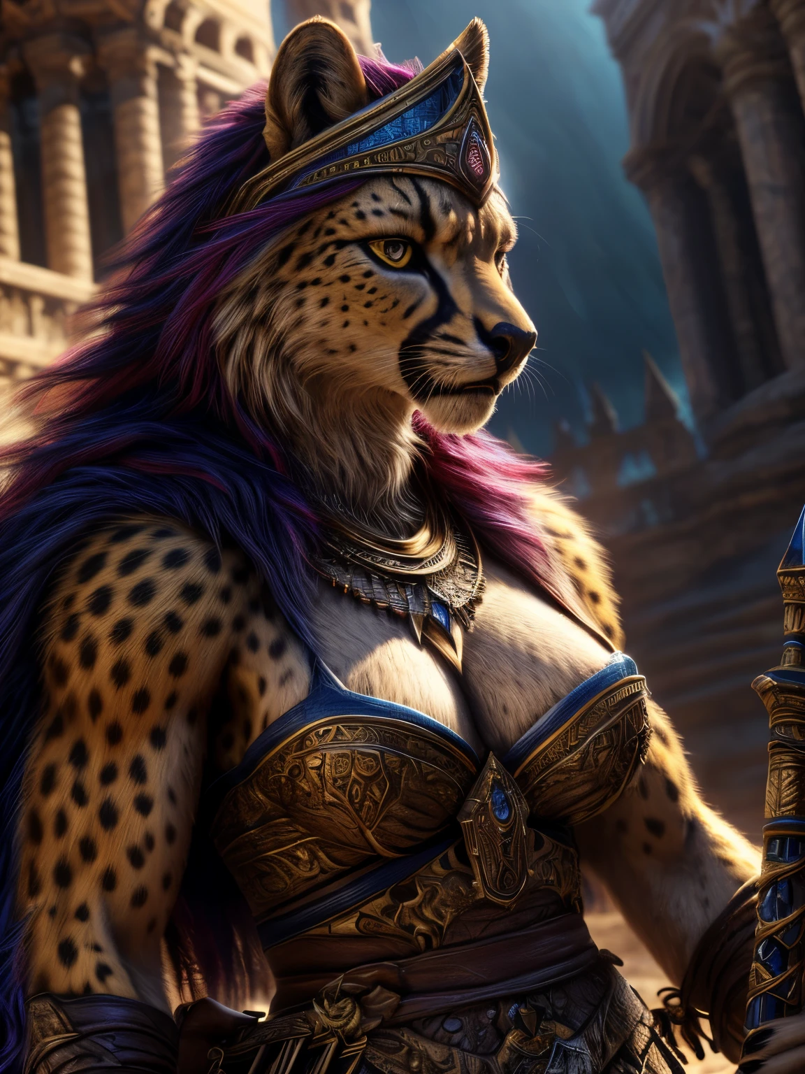 a werewolf cheetah with breasts, wearing plumed headgear and a plumed necklace, wielding a lance, (best quality,4k,8k,highres,masterpiece:1.2),ultra-detailed,(realistic,photorealistic,photo-realistic:1.37),detailed eyes,beautiful detailed lips,extremely detailed face,longeyelashes,fantasy,concept art,vibrant colors,dramatic lighting