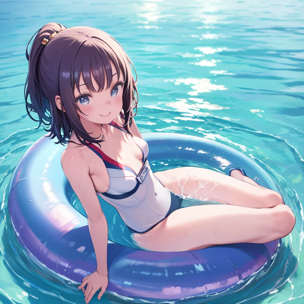 One Girl、Playing in the pool、swim ringに座る、Sit on a float、Angle from above、smile、Sparkling water surface、Wet Hair、One piece swimsuit、Cute Swimsuit、Small breasts、Watching the audience、Floating on water、