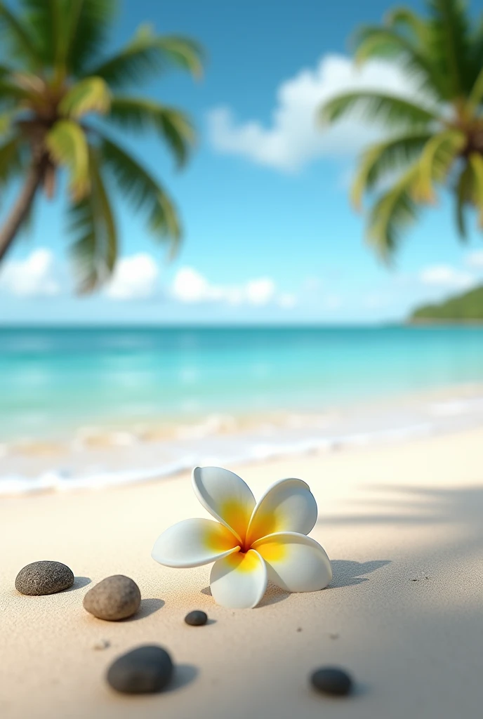 The image is a photograph of a beautiful beach scene. The sky is blue with white clouds and the water is a light blue-green color. The beach is sandy and there are palm trees on the left side of the image. In the foreground, there is a single white frangipani flower with a yellow center lying on the sand. The flower is in the center of the photograph and is slightly tilted to the right. The water is calm and the waves are gently lapping against the shore. There are a few small rocks scattered around the beach. The overall mood of the photo is peaceful and serene.