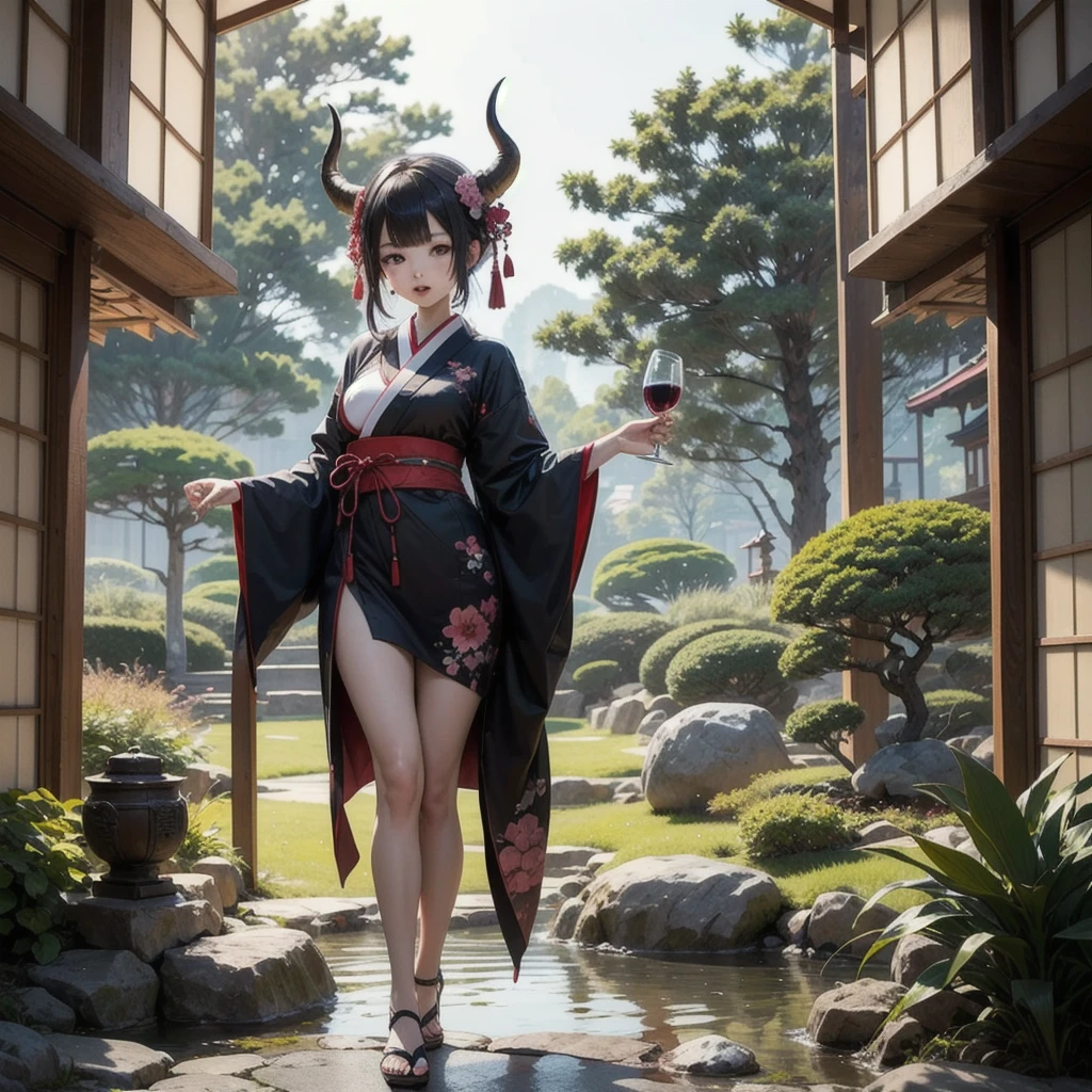 There are ghost horns on the head，Petite stature，loli，Small Breasts，Japanese short kimono showing breasts and legs，breast stickers，In Japanese garden，drink wine，sex，beauty