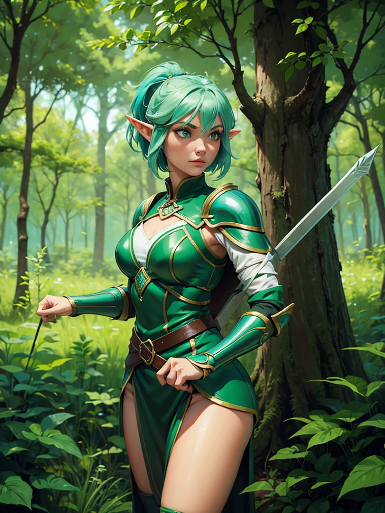 Fantasy female elf Archer in green elf armor in a forest, cyan eyes, black and cyan hair, short hair, two tone hair, forest background,