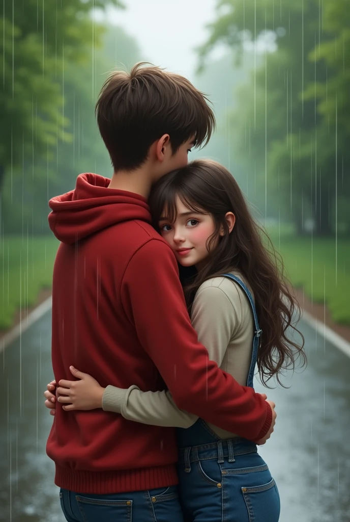 Boy in red sweatshirt hugging girl in denim overalls from behind, on the roadside on a rainy day