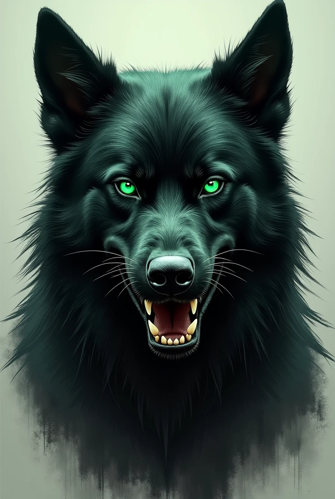 Realistic logo of an angry black dog looking at the camera with green eyes formed with the letters cln