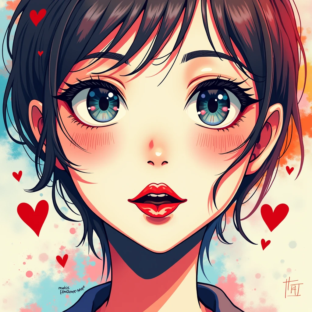 Mai Yoneyama colorful style, Simple Line Initialism，Abstract art，(((The most beautiful girl of all time))), Sweet face. (((Lips in love))), colorful hearts, stylish design, 夏のオシャレなTシャツ, 黒い瞳,