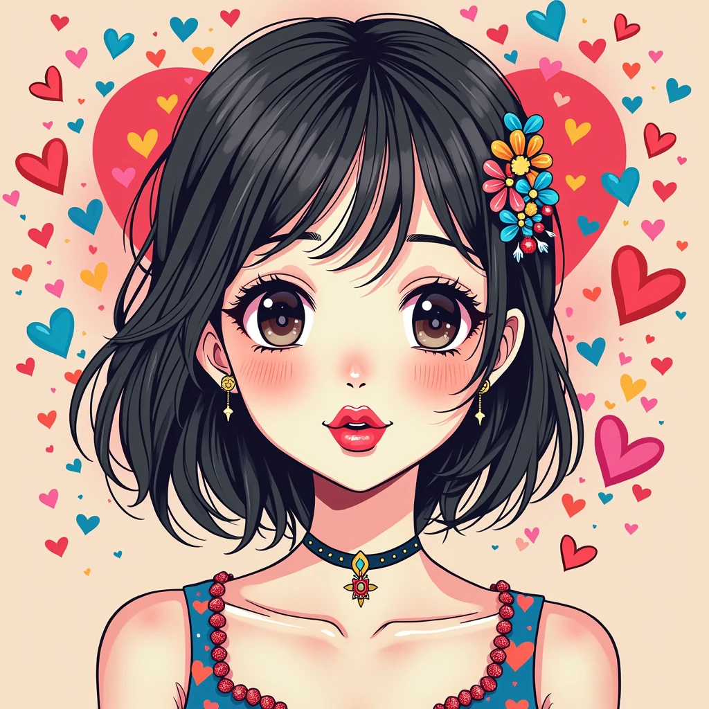 Mai Yoneyama colorful style, Simple Line Initialism，Abstract art，(((The most beautiful girl of all time))), Sweet face. (((Lips in love))), colorful hearts, stylish design, 夏のオシャレなTシャツ, 黒い瞳,