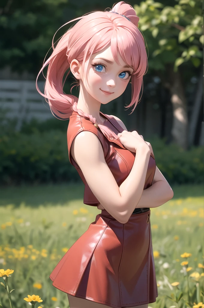 centered, award winning upper body portrait, cowboy shot, (looking at viewer:1.2), | solo, standing, smile, Bulma_DB, braided ponytail, pink leather dress, blue eyes,
| open field, | bokeh, depth of field, cinematic composition, | dynamic pose,