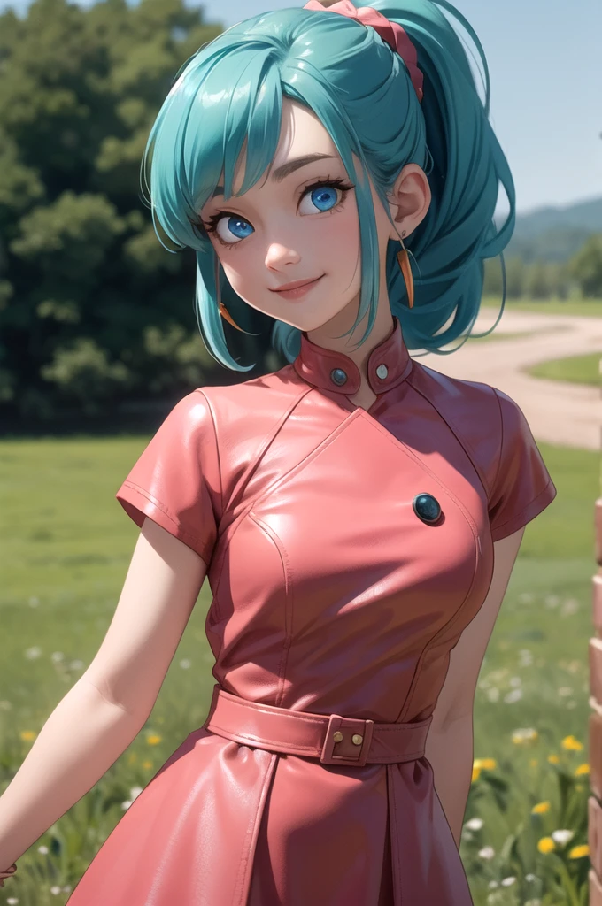 centered, award winning upper body portrait, cowboy shot, (looking at viewer:1.2), | solo, standing, smile, Bulma_DB,  braided ponytail, pink  leather dress, blue eyes, 
| open field, | bokeh, depth of field, cinematic composition, |  dynamic pose, 
