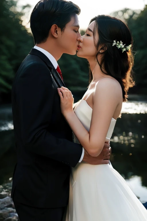 tmasterpiece, Best quality at best, {Best quality at best}, {{tmasterpiece}}, {A high resolution}, {{{Tano}}, extremely detailed couple, illustratio, couples, 1boys, 1girl, curvy, round breast, cleavag, couple, Loves, Loves, ((𝓡𝓸𝓶𝓪𝓷𝓽𝓲𝓬)), Sharp focus, malefocus, female focus, Black color hair, Black eyes, suns, rays of sunshine, hoist, T 恤, Men's suit clothing, kissing, romantic kiss, Women's red wedding dress, ln the forest, fresh flowers, statement