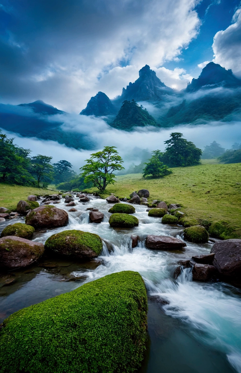 stream，There are several fairy mountains behind,Clouds and mist，Spectacular
