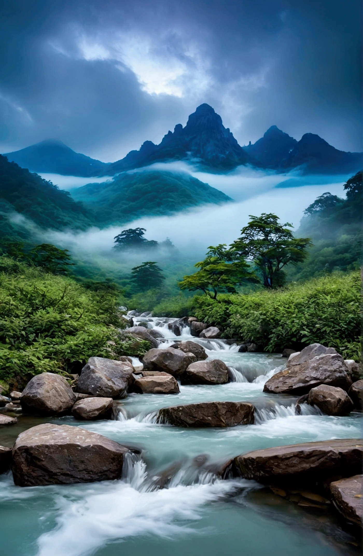 stream,There are several fairy mountains behind,Clouds and mist,Spectacular