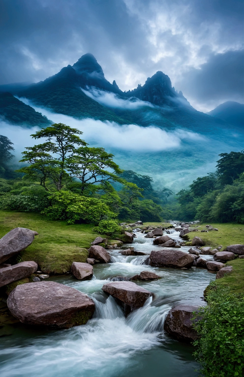 stream,There are several fairy mountains behind,Clouds and mist,Spectacular