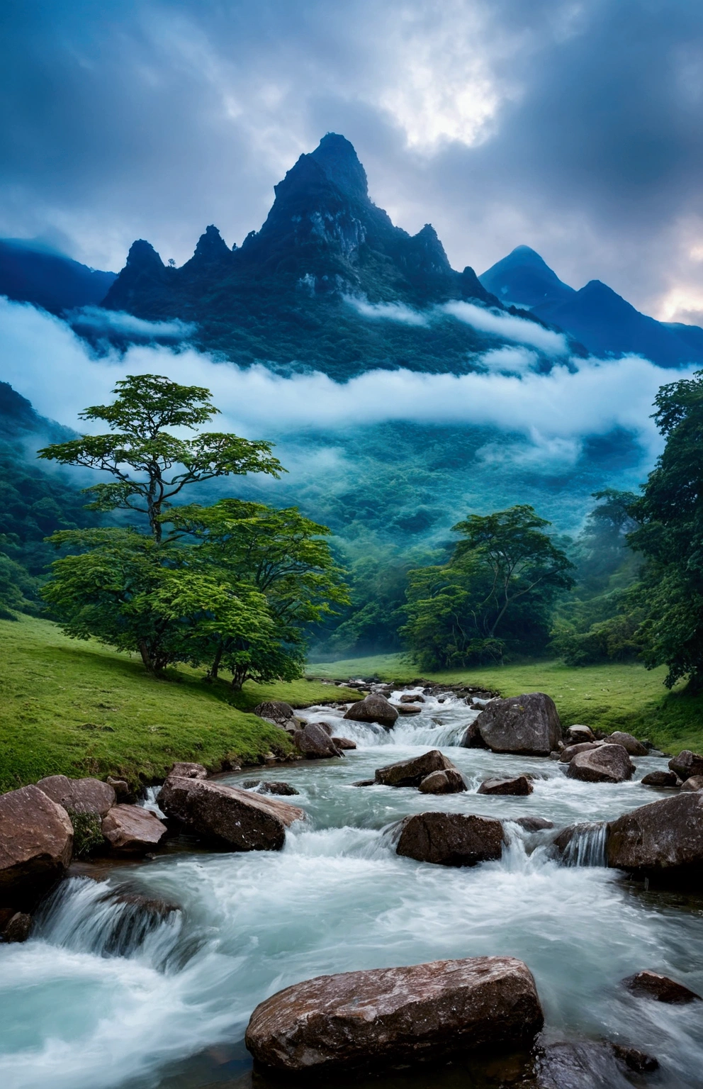stream,There are several fairy mountains behind,Clouds and mist,Spectacular