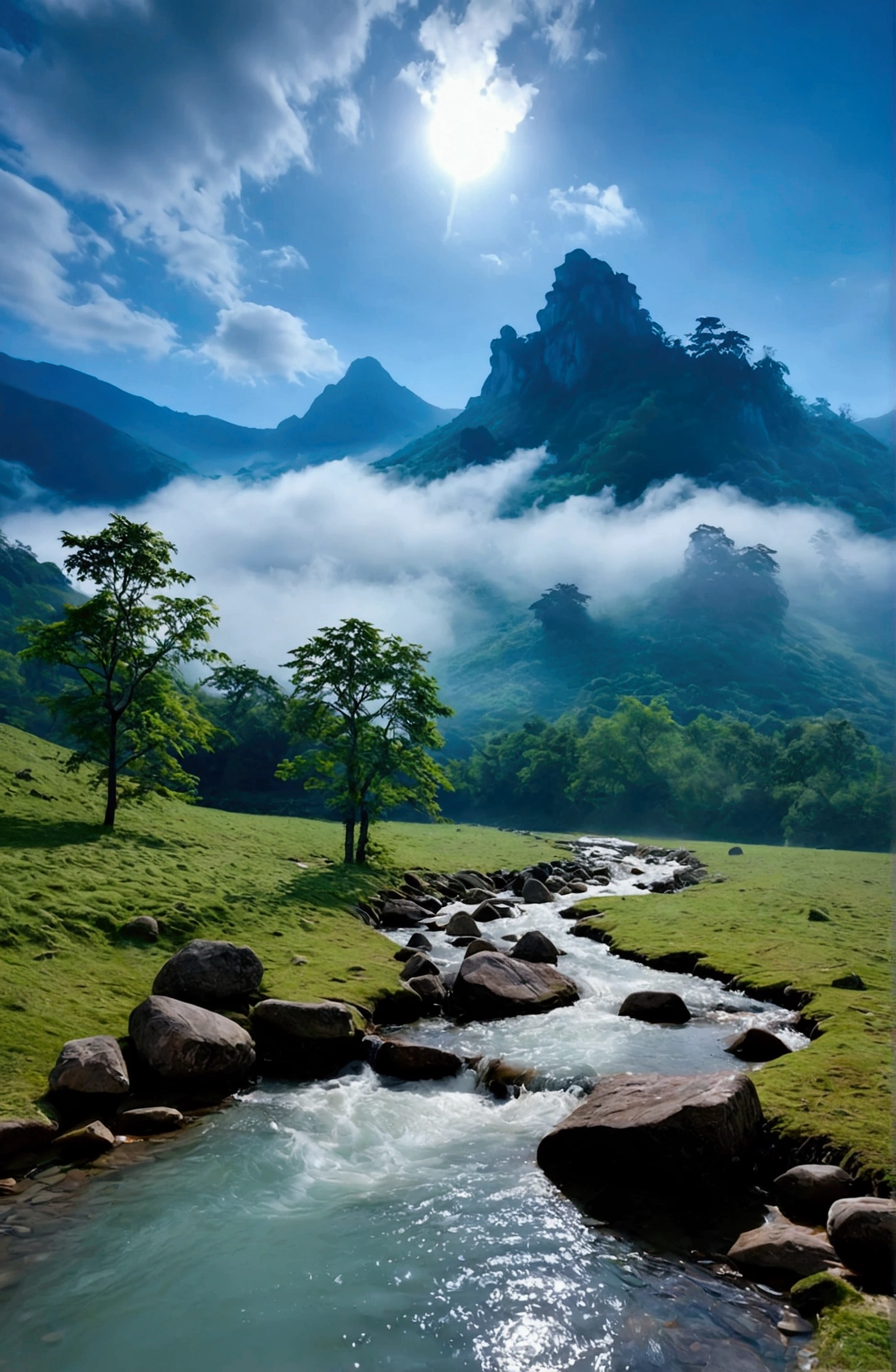 stream，There are several fairy mountains behind,Clouds and mist，Spectacular
