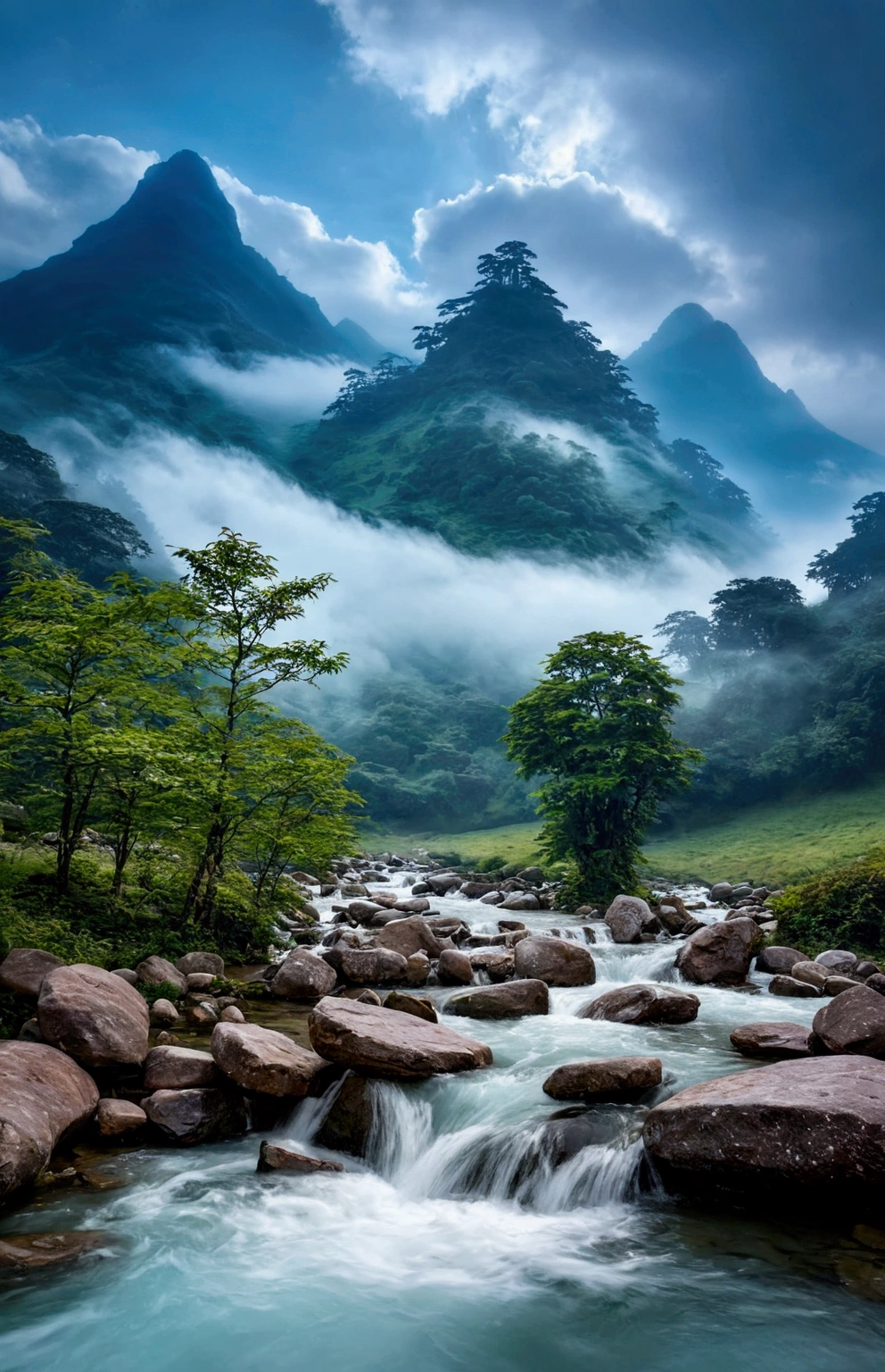 stream,There are several fairy mountains behind,Clouds and mist,Spectacular