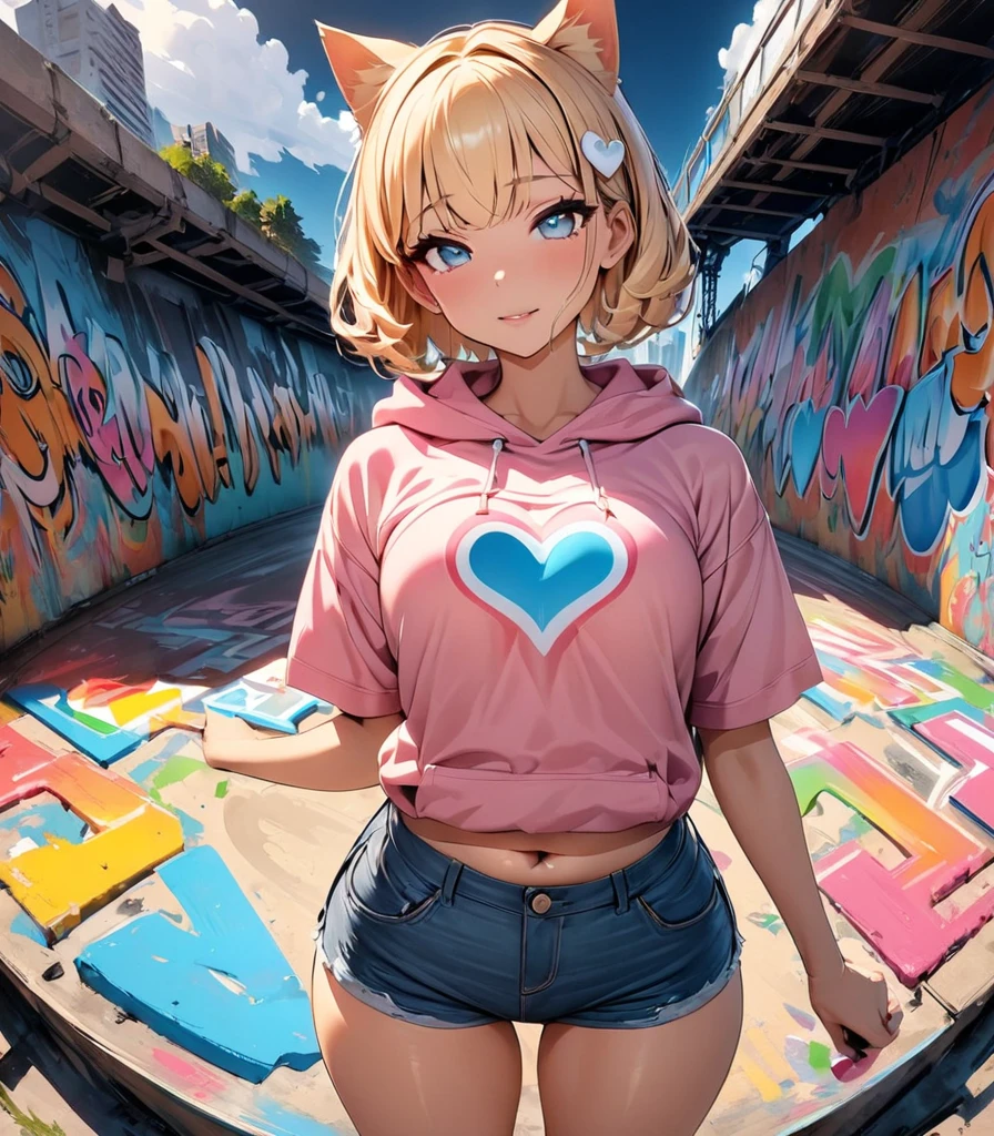 (Highest quality, 4K, High resolution, masterpiece:1.2), Fisheye Lens:1.3,Very detailed, One person, girl,Very short stature,Very thin thighs,(Jc , Pink short sleeve hoodie, Denim shorts), Turquoise Eyes、Blonde Hair、Short Hair、Cat ears of the same color as the hair、Belly button、Big white flower hair ornament、Flat Chest、Graffiti Comics, Beautiful attention to detail, Baby Face,Beautiful lip detail, Long eyelashes, Vivid and vibrant color palette, bold typography, Detailed illustration of a heart symbol, Comic book style shading, Spray Paint Effect, cartoon elements, Heart Illustration, A bridge pier with colorful letters and illustrations, Urban Background.