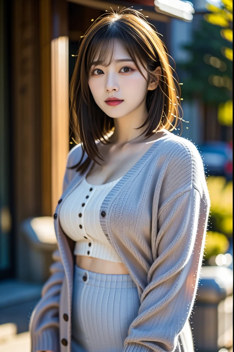 Graceful young Japanese woman wearing Blouse and cardigan of Japanese school uniform,nogizaka46,fat, body positive, 36B, high resolution. The attire subtly accentuates a full figure akin to Jennifer Lopez or Kate Upton,showcasing confidence and charm. Minimal yet tasteful skin exposure, highlighting poise and allure --s 750 --v 6.0

