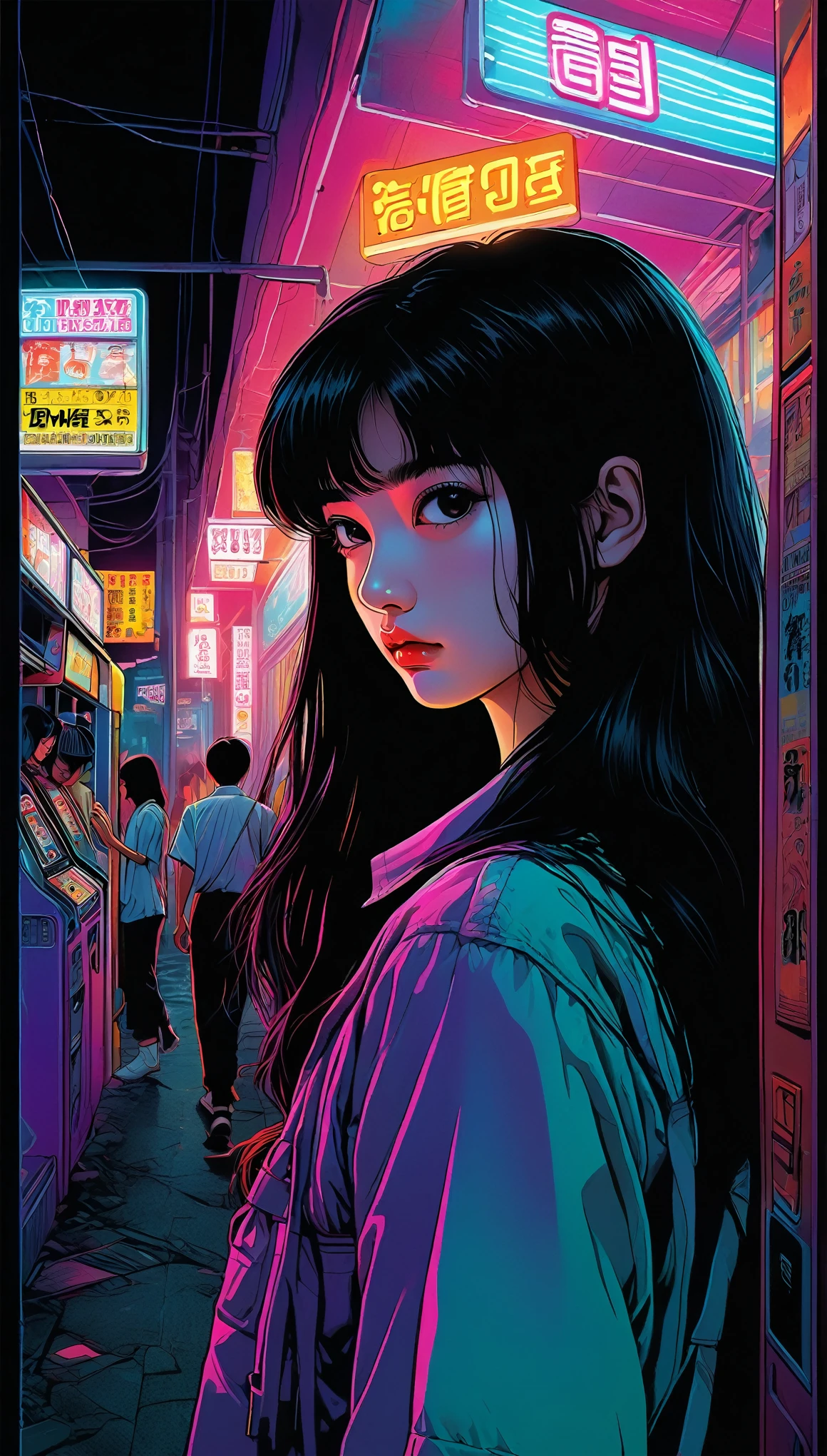 An illustration、art、80s Thai horror movie poster, Supervised by Junji Ito、(high student:1.25)、night、Arcade、Attention to detail, Realistic Shadows、Analog Style, chromatic aberration, Surrealism、Complementary Gradient