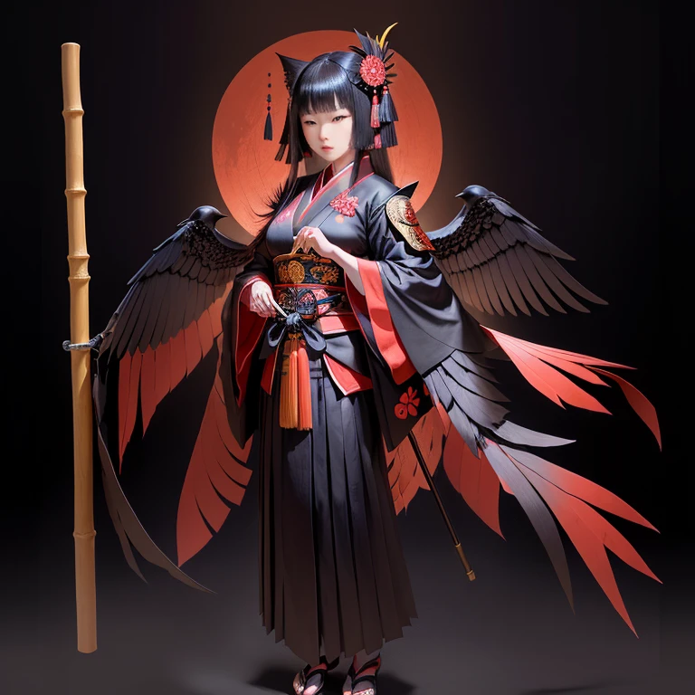 full body display、Japanese Yokai、Crow Tengu、crow face、The Body of a Yamabushi、It has wings、In her left hand she holds a folding fan made from bamboo skin.、He holds a staff in his right hand、Body facing forward、Looking straight ahead、