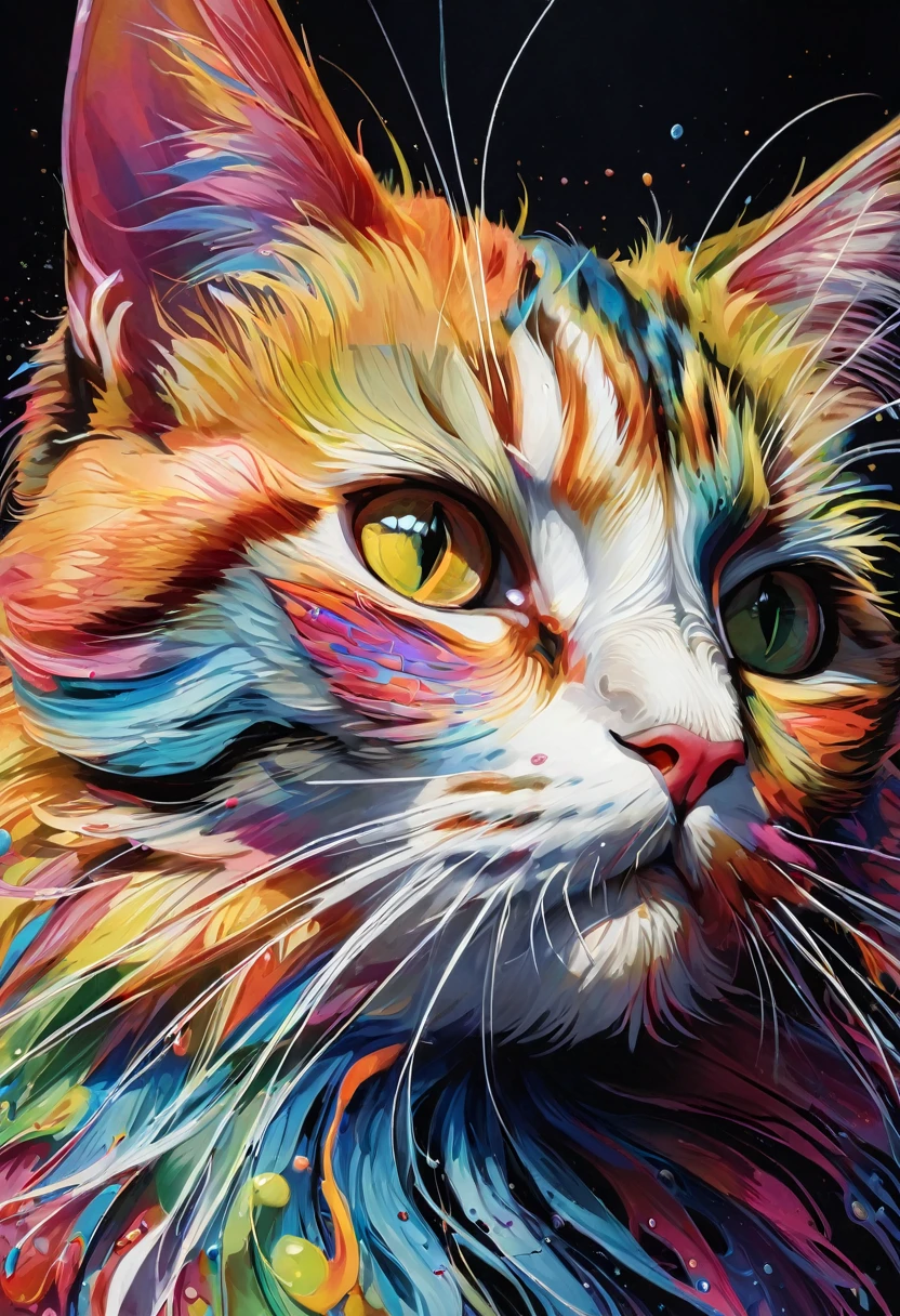 Cat painting with colorful face and eyes, Detailed painting inspired by Sam Spratt, artステーションでトレンド, 毛皮art, 美しいart UHD 4K, Detailed painting 4k, art:Alessandro Pautasso, Rendered in high resolution, Vadim Kashin. Ultra-realistic, In the picture of the cat, Painted in vibrant watercolors